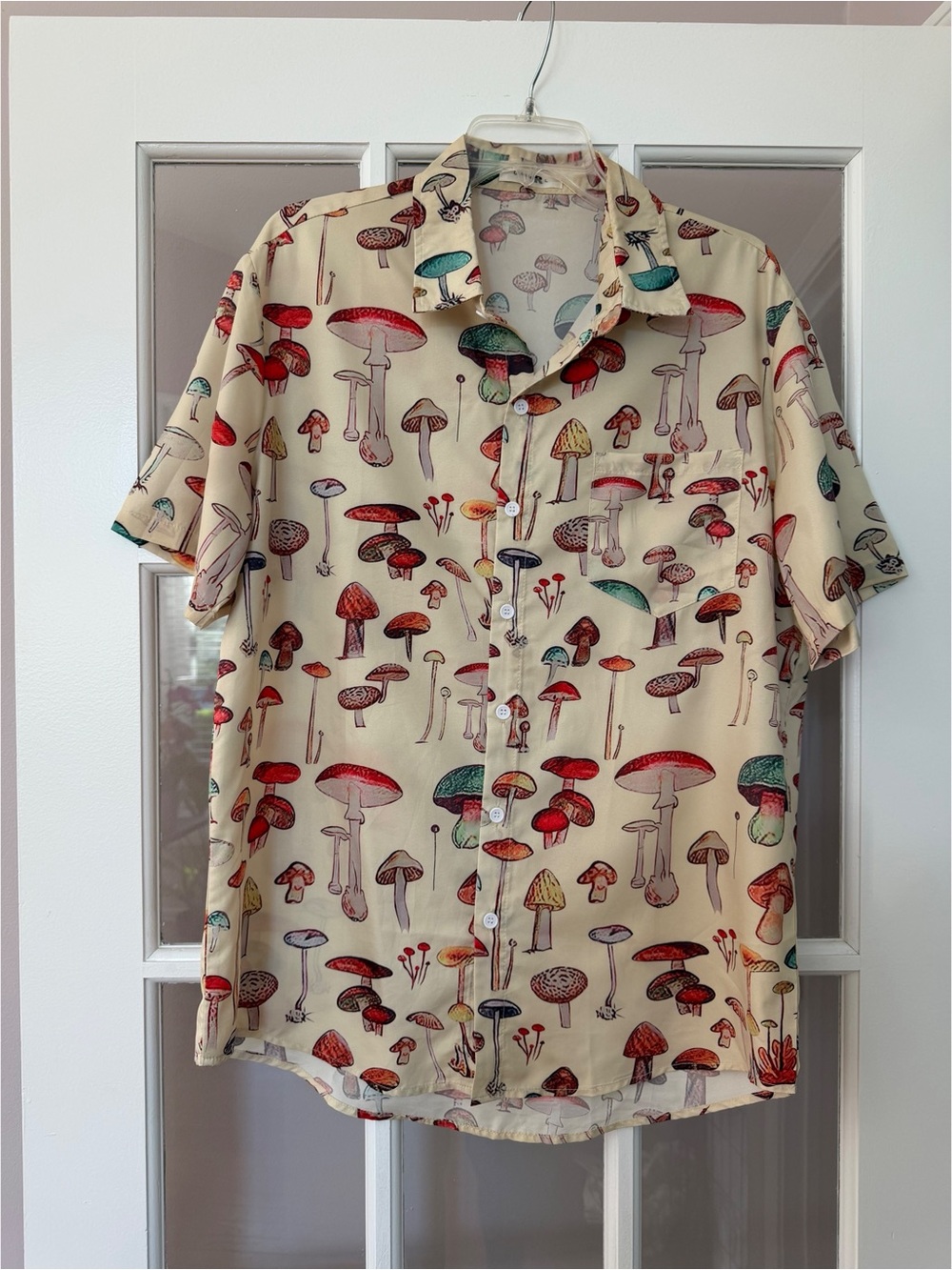 CharmKpr Tan Mushroom Print Short Sleeve Button Down Shirt